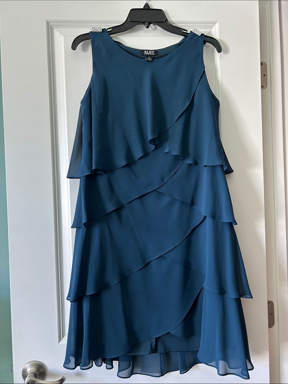 SLNY Teal Layered Ruffle Midi Dress